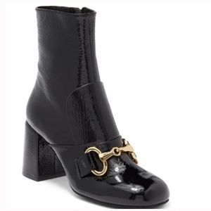 new Jeffrey Campbell Alda horsebit loafer booties in shiny black patent leather